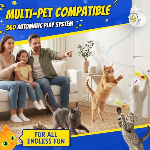 Interactive Cat Toys for Indoor Cats - Automatic Flying Bird Feather & Mouse Wand Enrichment Toy, Hands-Free or Handheld USB-Rechargeable Safe Play