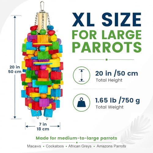 Large Bird Toy, 20 in XL Parrot Toys Natural Wood Blocks Bird Chew Toy for Foraging, Stainless Steel Chain Hanging Cage Toy for Macaws, Cockatoos