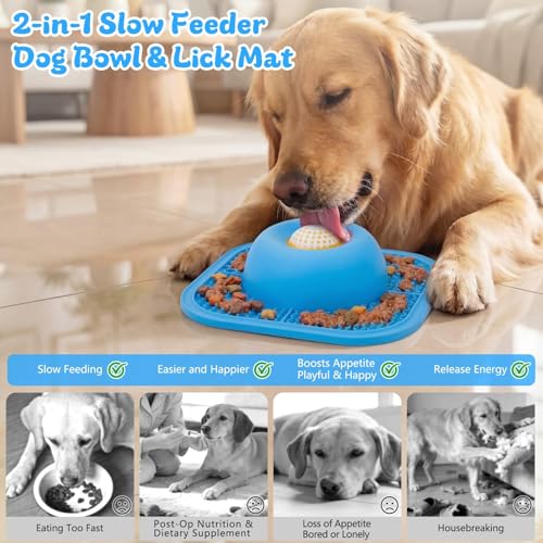 Slow Feeder Dog Bowls & Lick Mat for Liquid and Thick Treat, Anti-Slip Dog Lick Bowl with Interactive Rolling Ball, 5/6 Cup Pup Licking Toy for Large