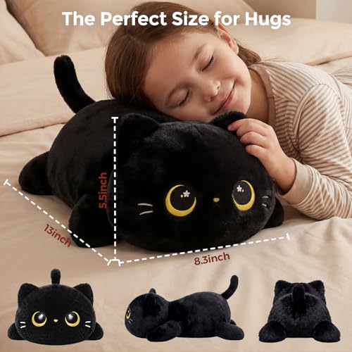 Mewaii Cute Black Cat Plush Pillow, Kawaii Plushies Black Cat Stuffed Animals, Squishy Plushies, Cuddle Plush Pillow for Kids & Girls (13 Inch)