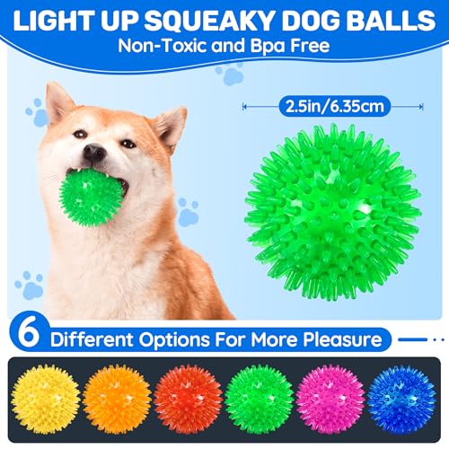 6 Pack 2.5" Light Up Squeaky Dog Balls, Spiky Dog Toy Balls for Puppy Small,Medium Dogs