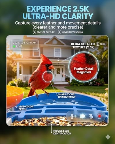Smart Bird Feeder with Camera 2.5K QHD, AI Identify 16000+ Birds, Auto-Capture & Motion Detection, IP65 Waterproof, 5W Solar Panel, 140° Field of