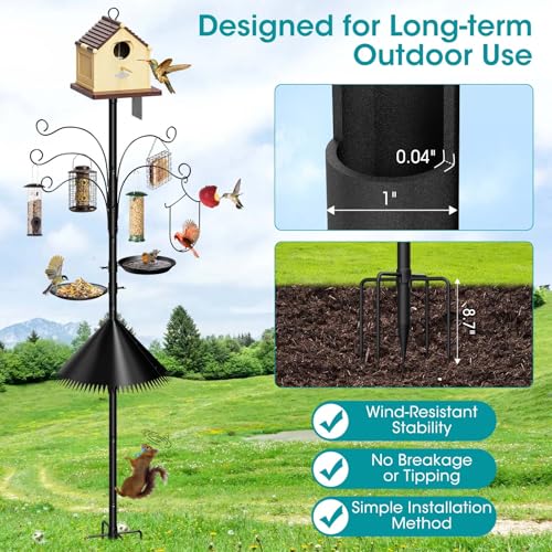 108 Inch Bird Feeder Pole Squirrel Proof, Heavy Duty Bird House Pole, Adjustable Bird Feeder Stand with 5 Shepherds Hooks, 2 Mental Trays