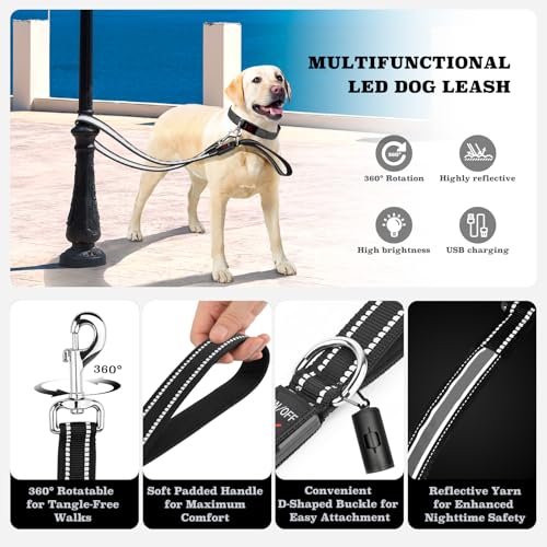 4 Ft LED Dog Leash, Light Up & Lighted Dog Leash, 7 Lighting Modes, Glow in The Dark, Reflective, Double-Sided Light, Rechargeable with Padded Handle