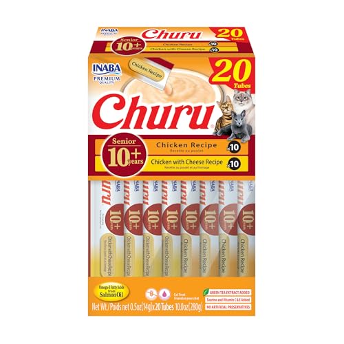 INABA Churu for Senior 10+, Creamy Lickable Cat Treats with Taurine, Vitamin E & C, 0.5 Ounces Each, 20 Tubes, Chicken Variety