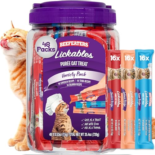 Beefeaters wet cat treats lickable 48 Count Puree Variety Pack - Salmon Tuna Chicken for Hydration & Training, Grain Free Taurine Enriched High
