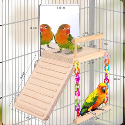 KyoukiBird Perch Platform Bird Toys with Bird Mirror Climbing Ladder Swing, Parakeet Cage Accessories - for Cockatiels, Lovebirds, Budgies,Pacific