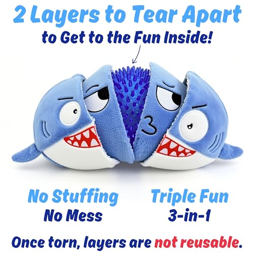 3 in 1 Squeaky Soft Plush Durable Dog Chew Toy for Aggressive Chewers, No Stuffing Interactive Tough Rip & Reveal Crinkle Blue Shark Ball in Gift