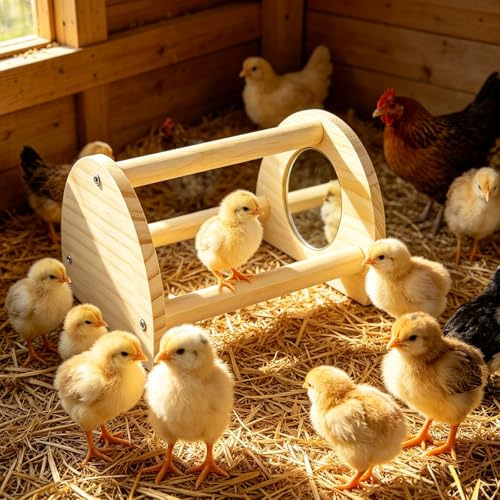 Pine Chicken Perch with Mirror, Strong Chick Jungle Gym Roosting Bar, Chicken Toys for Coop and Brooder, Training Perch Toys for Large Bird, Parrot