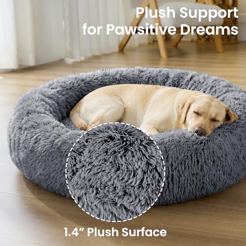 JOLLYVOGUE Calming Dog Beds Extra Large Sized Dog, 45in Donut Washable Large Pet Bed, Anti-Slip & Anti-Anxiety Fluffy Faux Fur Round Dogs Bed, Fits