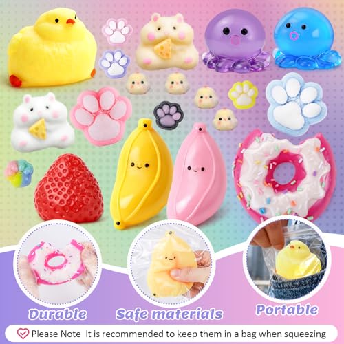 20Pcs Taba Squishy Pack Fidget Toys, Include Squishies Chick, Cat Paws, Hamster, Strawberry Toys, Sensory Toys for Kids, Classroom Birthday Gifts