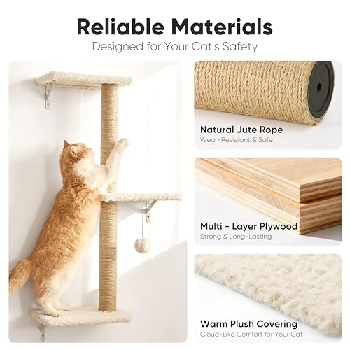 FUKUMARU Cat Wall Shelves, Stable & Safe 5 in 1 Cat Walls Furniture Set, Wooden Kitten Climbing Wall with Scratching Post for 16 Inch Drywall - Beige