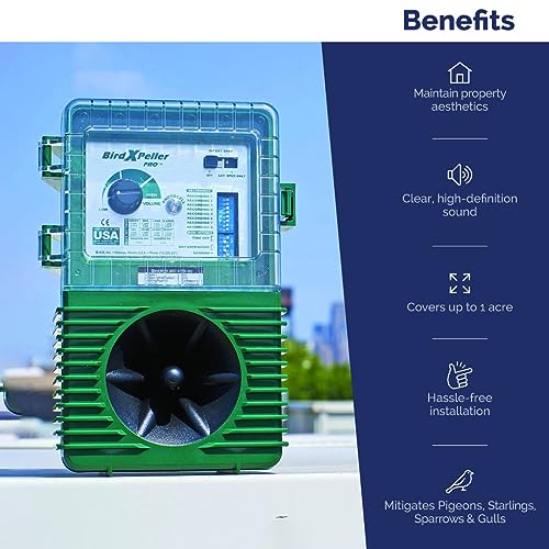 Bird-X BirdXPeller Pro Electronic Bird Preventer Version 1, Sonic Bird Decoy Device, Perfect for Pigeons, Starlings, Sparrows, and Gulls, Covers up