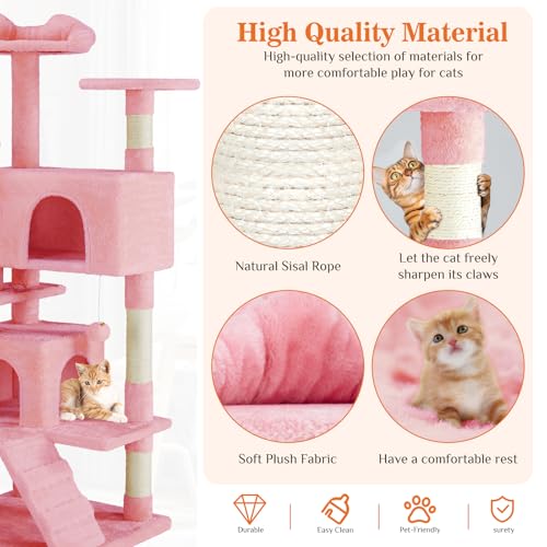 Sweetcrispy 54 Inch Cat Tree Tower, Multi-Level with Cat Scratching Post, Indoor Cat Condo with Climbing Ladder, Plush Toy, Play House for Cat, Pink