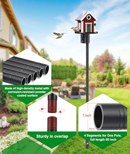 Heavy Duty Bird Feeder Pole - 60 Inch Adjustable 1 Inch Metal Bird House Pole with 14” Deep Auger Base | Outdoor Mount Kit for Bluebird Houses