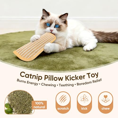 Sisal Catnip Pillow Toy Kickers, 2 Pack Interactive Catnip Toys with Organic 8000mg Herbal Blend for Indoor Scratching, Chewing & Teething, Fun for