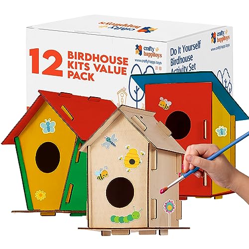 12 DIY Bird House Kits For Children to Build - Wood Birdhouse for Kids to Paint - Unfinished Bird Houses - Spring Crafts Kits - Wooden Arts & Craft