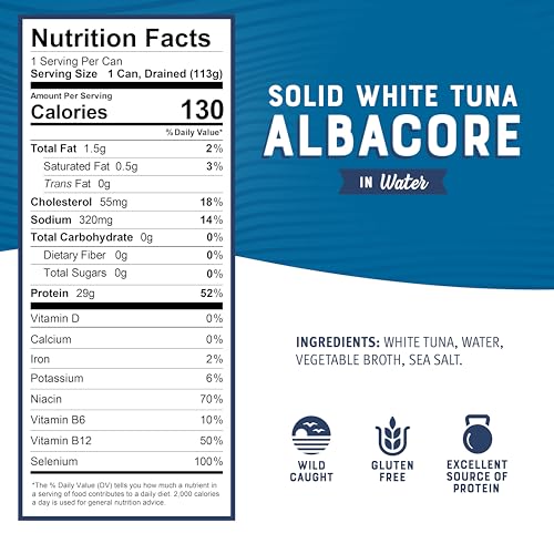 Bumble Bee Solid White Albacore Tuna in Water, 5 oz Can (Pack of 8) - Wild Caught Tuna - 29g Protein per Serving, High in Omega-3s - Non-GMO Project
