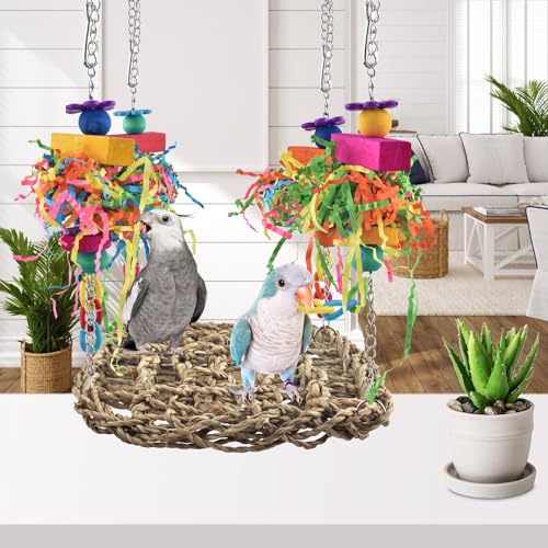 KATUMO Conure Toys, Bird Grass Swing Mat Parrot Climbing Hammock with Colorful Toys for Parakeet, Cockatiel, Sun Conure, Lovebird, Budgie, Small Birds