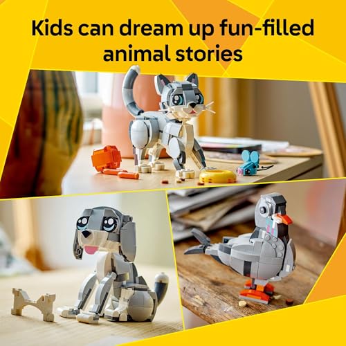LEGO Creator 3 in 1 Playful Cat Toy - Building Toy with 3 Building Options, Cat, Dog, or Pigeon - Birthday Gift for Kids - Animal Figures for Kids