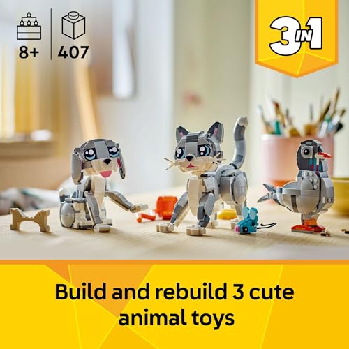 LEGO Creator 3 in 1 Playful Cat Toy - Building Toy with 3 Building Options, Cat, Dog, or Pigeon - Birthday Gift for Kids - Animal Figures for Kids