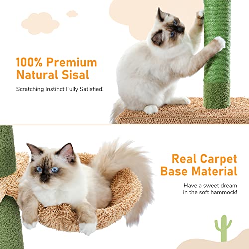 PAWZ Road Cat Tree, Cactus Floor to Ceiling Cat Tower with Adjustable Height(95-108 Inches), 5 Level Cat Climbing Tower with Cozy Hammock, Platforms