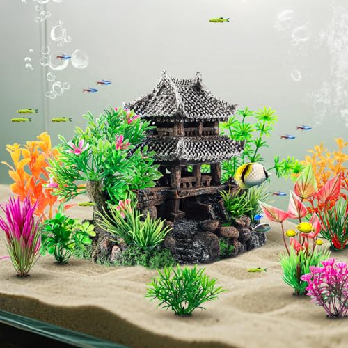 CousDUoBe 9Pcs Resin Castle Decorations Set，Realistic Fish Tank Castle with Eco-Friendly Design,Fish Tank Decorations Aquarium Accessories