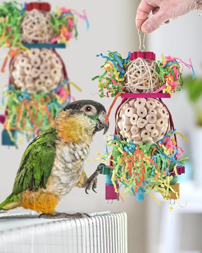 Bissap 2PCS Bird Parrot Foraging Shredder Hanging Toys Sola Balls Sepak Takraw with Pacifier for Small Parrots Parakeets Conures Cockatiels Love