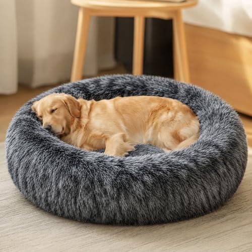 JOLLYVOGUE Calming Dog Beds Extra Large Sized Dog, 45in Donut Washable Large Pet Bed, Anti-Slip & Anti-Anxiety Fluffy Faux Fur Round Dogs Bed, Fits