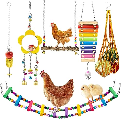 Longer Chain Chicken Toys for Coop Accessories 7PCS, Chicken Swing Ladder Perch roosts, Chicken Xylophone Mirror with Bells Vegetable Fruits Hanging