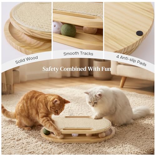 ZOMISIA Cat Scratcher with Ball Track Toy, Sisal Scratch Pad for Indoor Adult Cats, Wooden Interactive Cat Puzzle Toys for Kitten Mental Stimulation