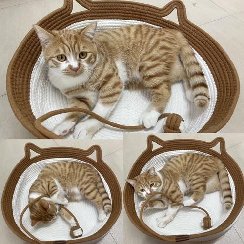 Large Stimulicat Cat Bed Rope Cotton with Cushion, Eliminates Bed Rejection Round Pet Basket, Boho Catbed for Cats Handwoven Scratchable Breathable