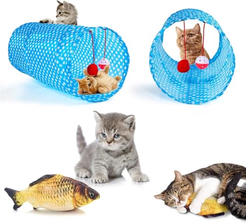 AILUKI 35 PCS Cat Toys Kitten Toys Assortments,Variety Catnip Toy Set Including 2 Way Tunnel,Cat Feather Teaser,Catnip Fish,Mice,Colorful Balls and