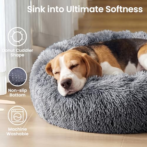 JOLLYVOGUE Calming Dog Beds Extra Large Sized Dog, 45in Donut Washable Large Pet Bed, Anti-Slip & Anti-Anxiety Fluffy Faux Fur Round Dogs Bed, Fits