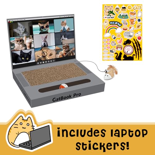 3-in-1 Cardboard Cat Scratcher Laptop with 'Mouse' Jingle Ball, Stickers, Grey Cat Interactive Toy, Kitten Toy & Cat Scratching Pad