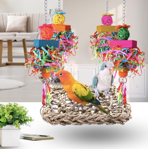 Parakeet Toys Bird Toys Conure Toys Birdcage Stands Bird Foraging Wall Seagrass Woven Hammock Swing Mat for Lovebirds,Cockatiel,Budgie and Other
