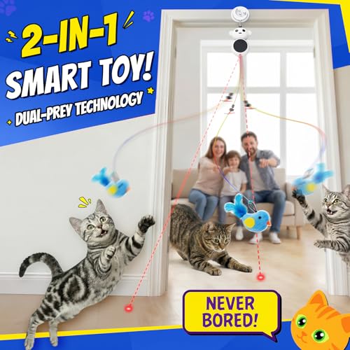 Interactive Cat Toys for Indoor Cats - 2 in 1 Automatic Laser Pointer Cat Toy with Flying Bird，Smart Moving Wand Toy with 2 Modes, Doorway Hanging