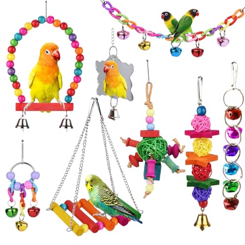 8 Pcs Parakeet Cockatiel Bird Toys, Parrots Cage Accessories Swing Wooden Perch Chewing Toy for Budgerigar, Conures, Love Birds, Finches, Budgies