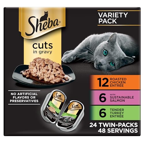Sheba Perfect Portions Wet Cat Food Cuts in Gravy, Cat Food Wet Recipe, Roasted Chicken Entree, with Sustainable Salmon, Tender Turkey Entree, 2.6