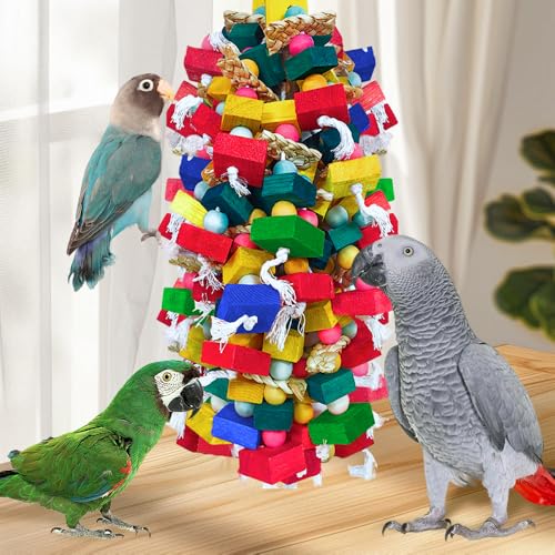 Bird Toys for Large Parrots Colorful Natural Wood Block Parrots Chew Foraging Toys for Bird Cages Cockatoos, Macaws, African Greys, and s