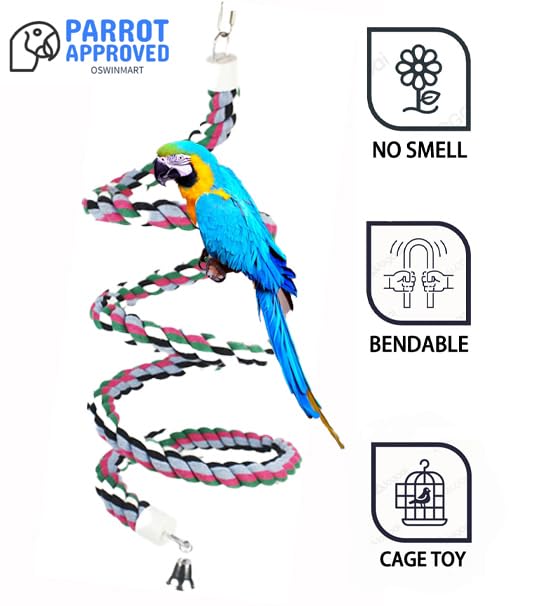 94.4inch Length Colorful Cotton Bendable Rope Perch Swing Bird Chew Toys  Parrots Cage Toys with Bell Swing Climbing Standing Bungee Bird Toys for