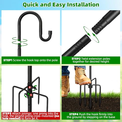 COCONUT 62" Shepherds Hooks for Outdoor, Bird Feeder Pole with 5 Prong Base, Adjustable Height Shepherds Hook for Hummingbird Feeder, Bird Feeder