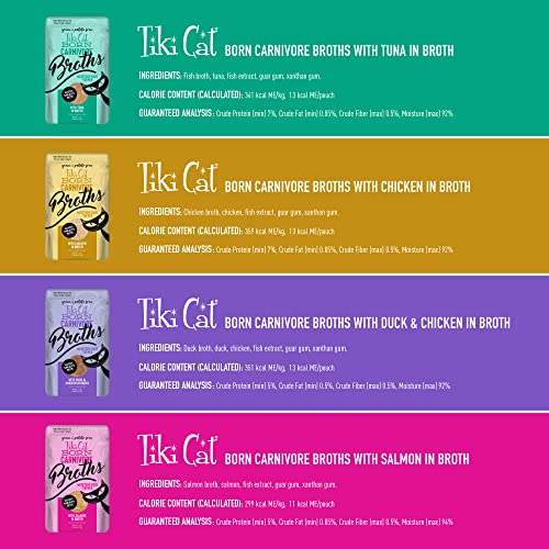 Tiki Cat Born Carnivore Broths Wet Cat Food Toppers, Variety Pack, 1.3 oz. Pouch (12 Count)