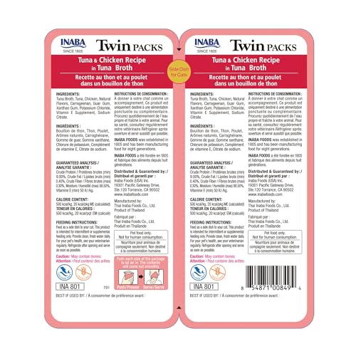 INABA Twin Packs for Cats, Side Dish/Topper Pouch, 1.4 Ounces per Serving, 16 Servings, Tuna & Chicken Recipe in Tuna Broth