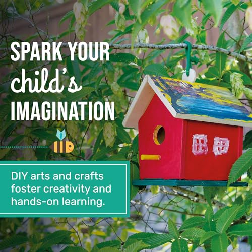 Beetle & Bee Build A Bird Bungalow - DIY Kid Art Craft Outdoor Birdhouse Kit, House Painting Kit for Kids, Hardware Glue Included- 4 Paints, 1 Brush