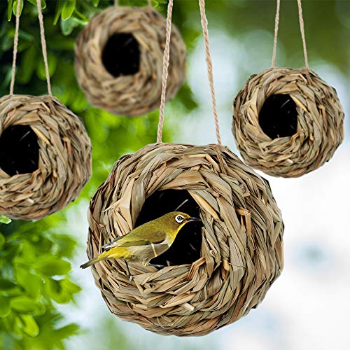 winemana 4 Pack Hanging Bird Nest House for Outside, Ball Shape, Hand Woven, Durable Sturdy, Made of Natural Grass, Perfect for Garden Patio Lawn