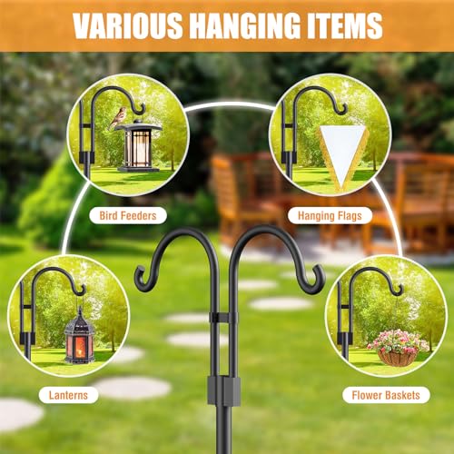 Relx Bird Feeder Pole - Adjustable Double Shepherds Hooks for Bird Feeder with 5 Prong Base - 76 Inch Heavy Duty Shepherds Hooks for Outdoor,Hanging