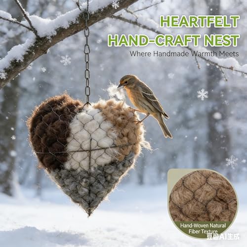 2026 new Handmade Alpaca Fiber Bird nest Heart, Bird nest Material Frame, Winter Wild Bird Tree House, Hummingbird nest Box Outdoor Garden Art Bird