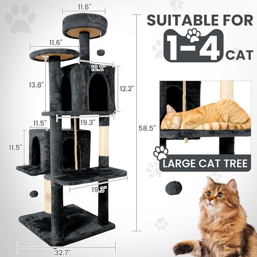 58.5inch Large Cat Tree Tower Condo for Indoor Cats, Soft Plush Multi-Level Climbing Tree Cat House with 1 360° Rotating Cat Cave, Scratching Post
