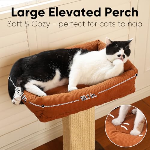 FUKUMARU Cat Scratching Post, Retro-Style Tall Scratch Posts with Perch for Infoor Cats Adults, Large Cat Scratcher Tower with Bed, Natural Sisal
